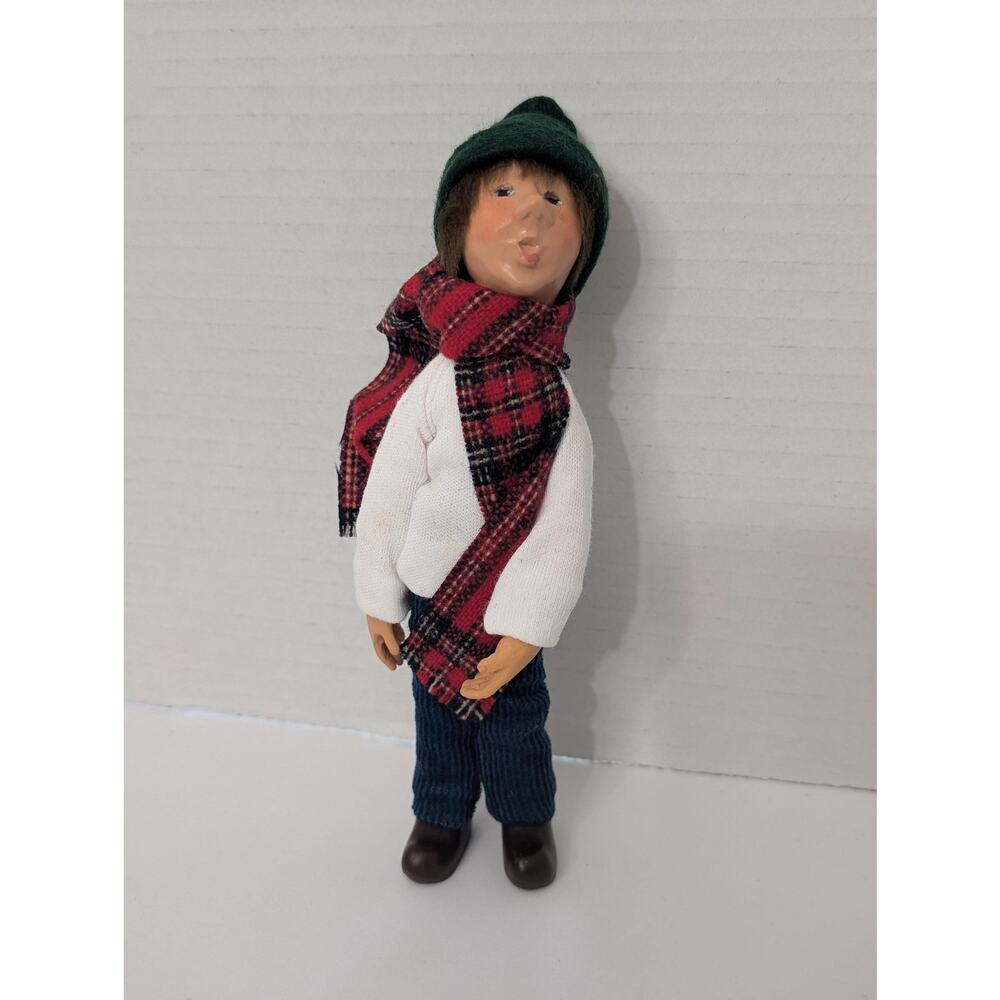 Vintage Kindles Ornament Boy Caroler Red Plaid Scarf White Sweater Figurine